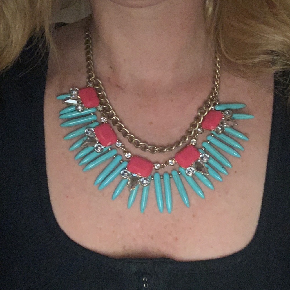 Jcrew pink stone and turquoise spiked chunky necklace